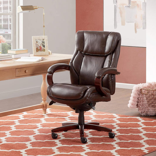 Bellamy Executive Office Chair with Memory Foam Cushions, Solid Wood Arms and Base, Waterfall Seat Edge, Bonded Leather, Brown-1