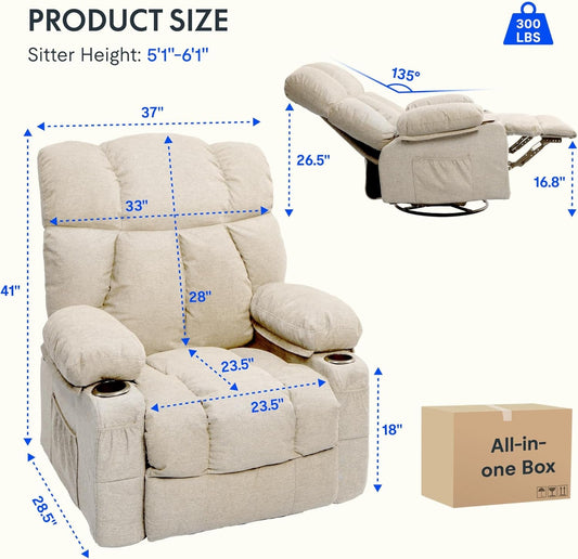 XRC3 Rocker Recliner Chair for Adults W/Massage & Heat, 360° Swivel Recliner Chair W/Cup Holders, USB Port, Manual Glider Rocking Chair for Living Room Nusery,Beige-1