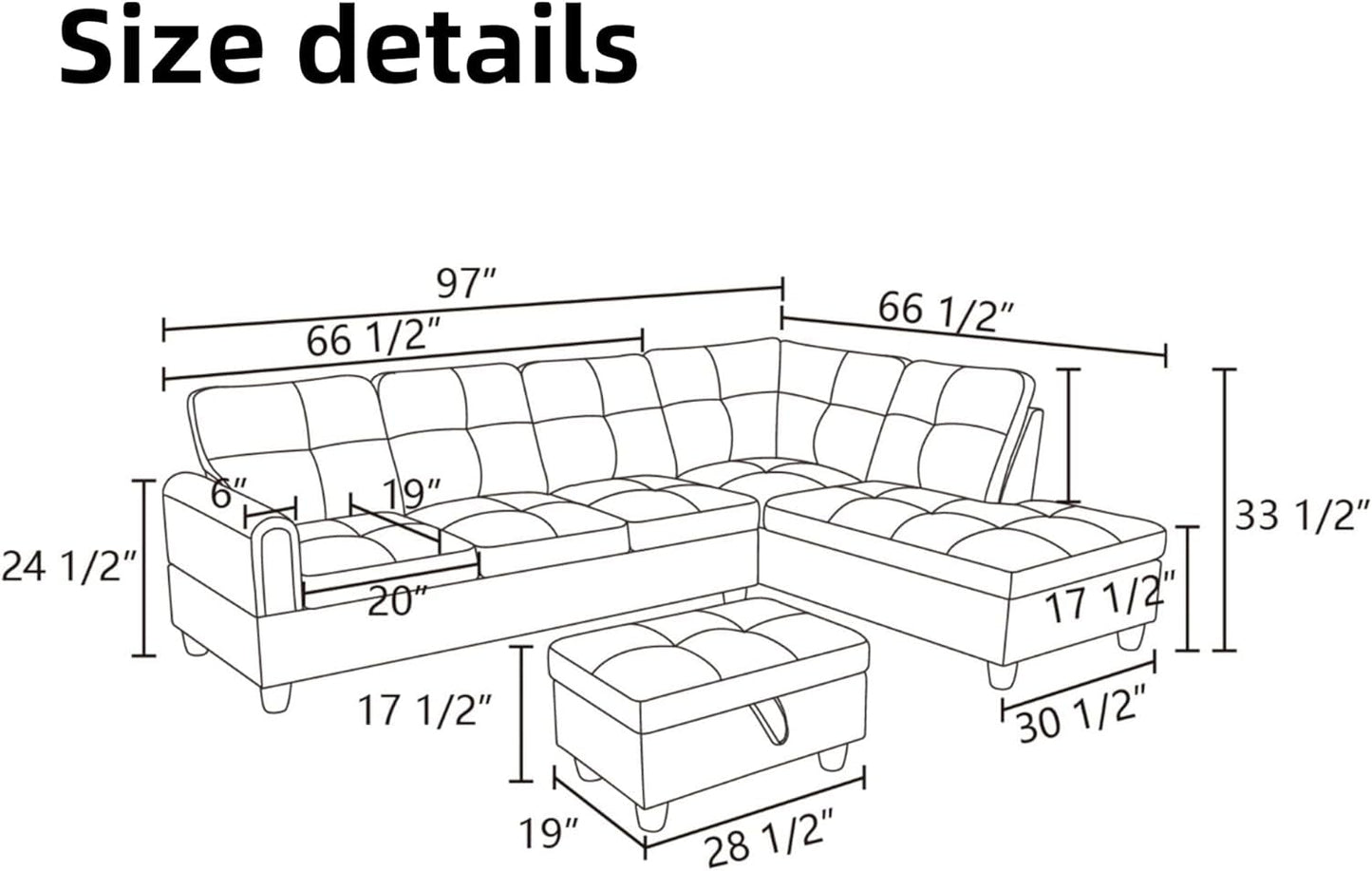 Sectional Couch with Otttoman, 97" L Shaped Couch Sectional Sofa for Living Room, Modern Modular Couches with Cup Holders for Bedroom, Apartments, Beige-2