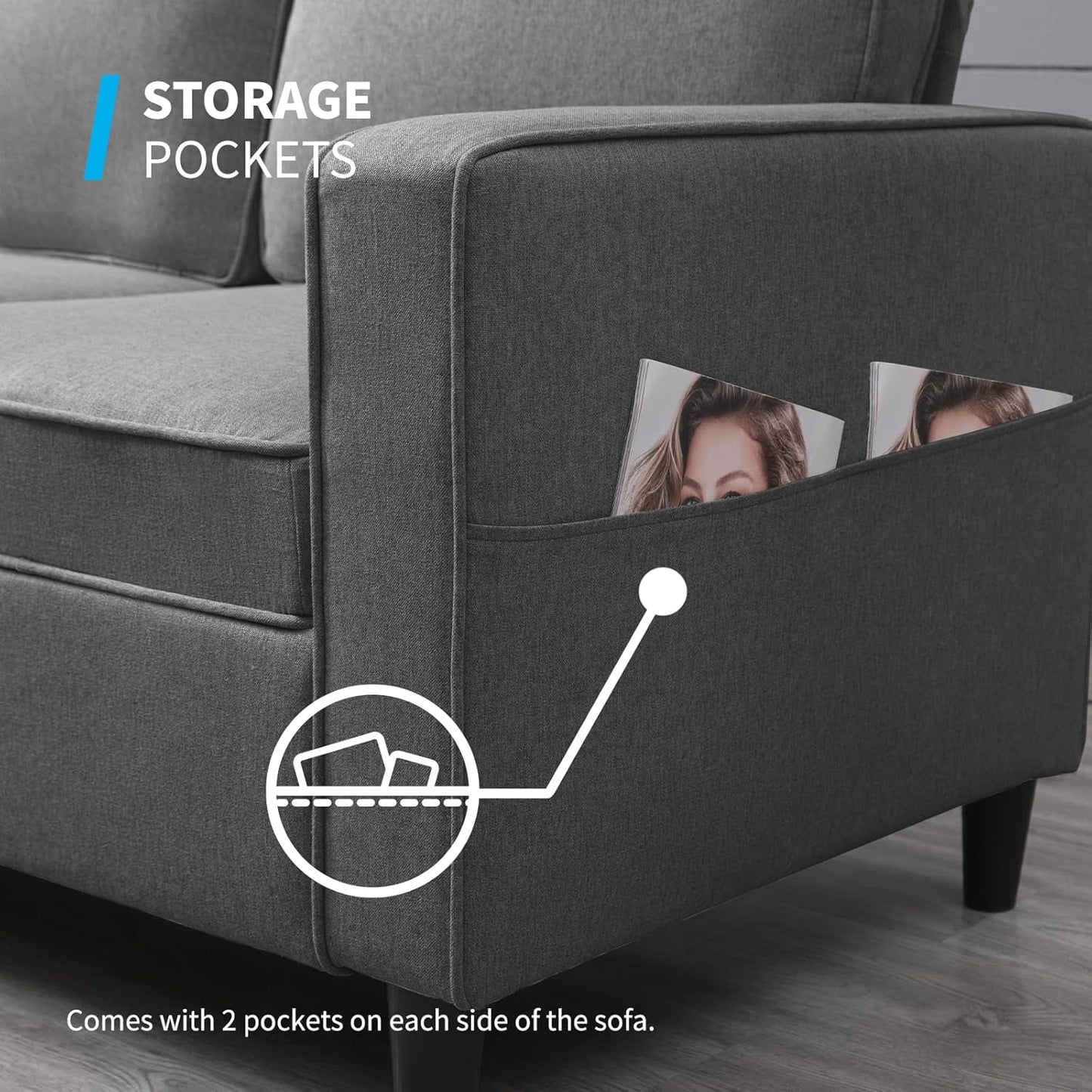 3PCS Convertible Sofa Set, Linen Upholstered Couch Set with Side Pockets, Modern Living Room Sofa with Storage Ottoman, Couch for Living Room Apartment (Dark Grey, Sectional Sofa + Single)-4