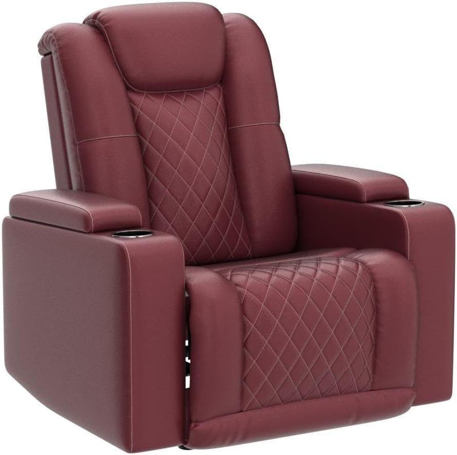 Power Recliner Chair Set of 3, PU Leather Electric Home Theater Seating with USB Ports and Cup Holders, Red Overstuffed Reclining Furniture with Hidden Arm Storage-4