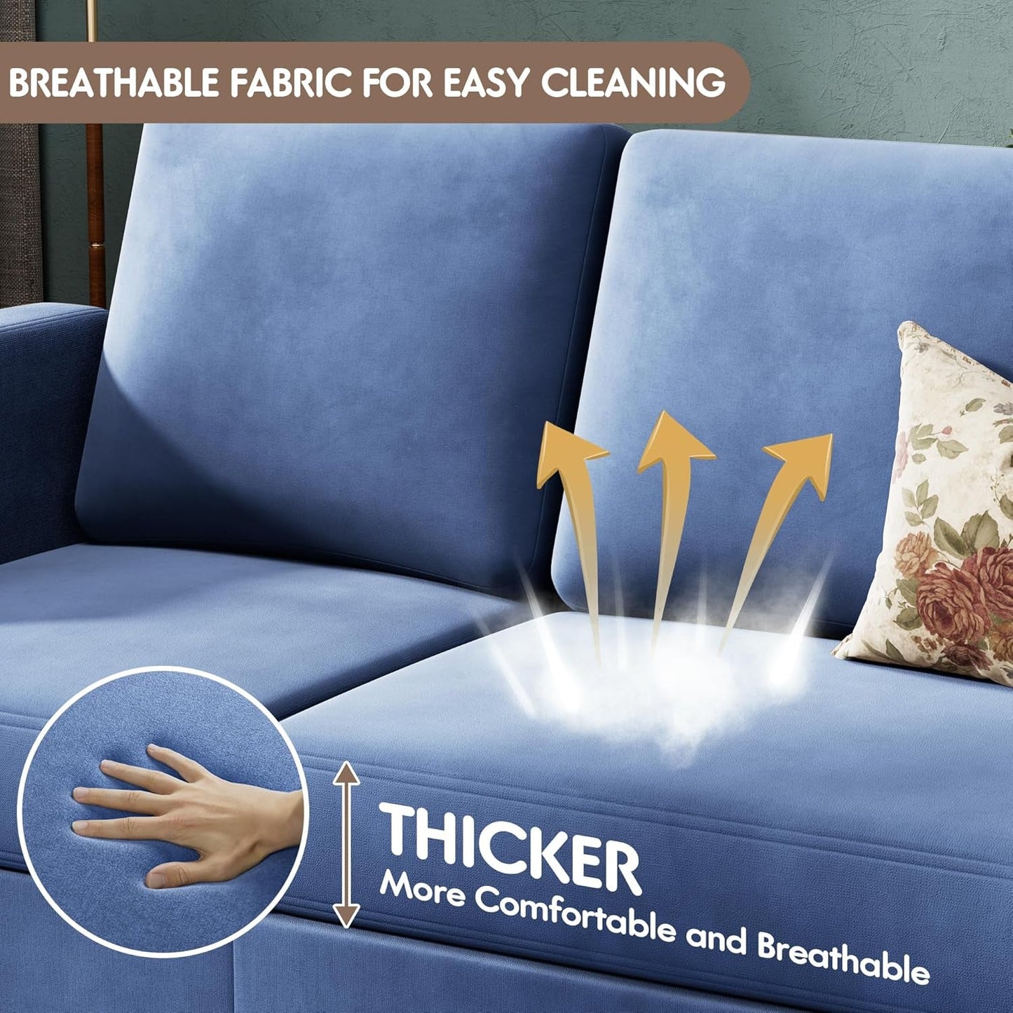 Convertible Sectional Sofa Couch, 3 Seat L-Shaped Sofa with Linen Fabric Ottoman Small Couch for Small Apartments, Living Room and Office (Linen Fabric, Blue)-4