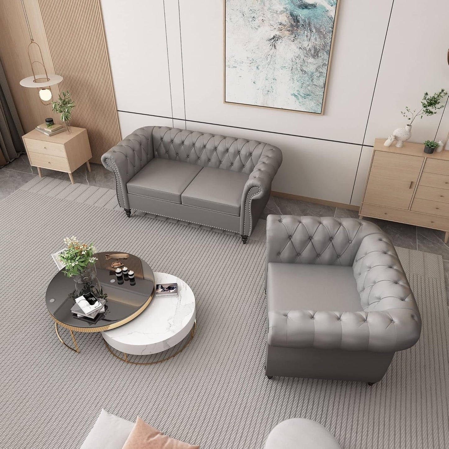 2 Piece Living Room Set, Chesterfield PU Leather Sofa Loveseat Couch Chair with Scroll Arms and Nailhead for Living Room, Office (PU Grey, 1-2)-0