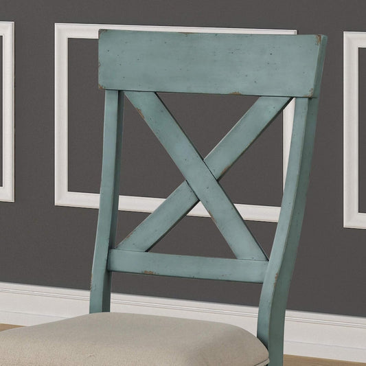 Prato Two-Tone Wood Cross Back Upholstered Dining Chairs, Set of 2, Blue and Tan-1