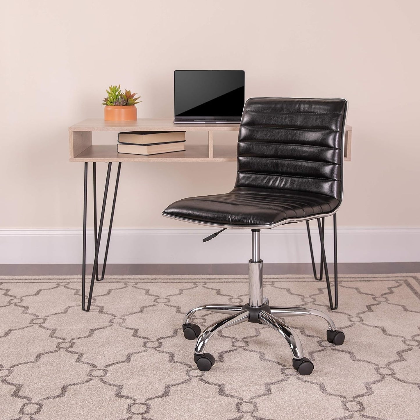 Alan Low Back Designer Armless Black Ribbed Swivel Task Office Chair-1