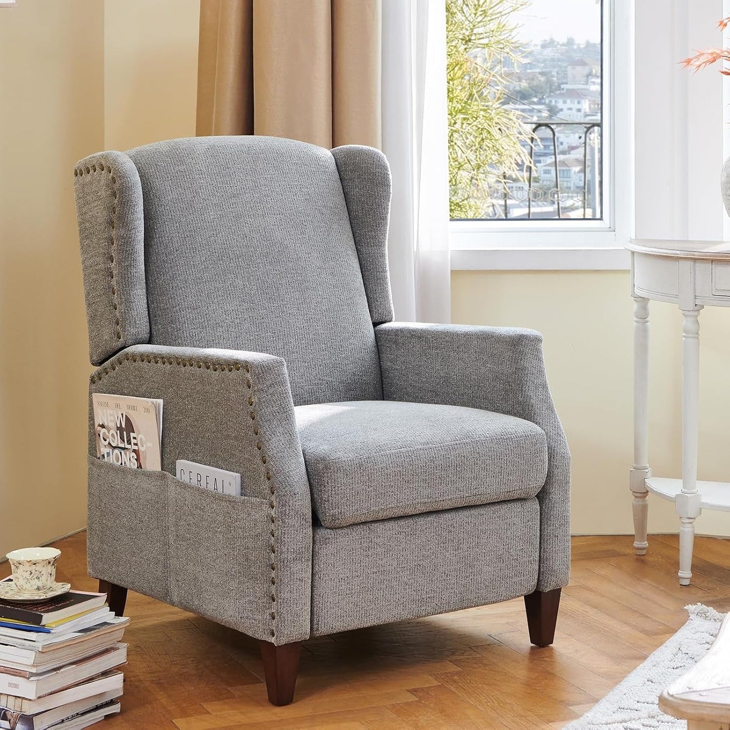 Wingback Pushback Recliner Chair with Storage Pocket, Upholstered Fabric Living Room Chair Armchair, Single Reclining Sofa with Wood Legs and Nailhead Trim for Home/Bedroom, Light Grey-0