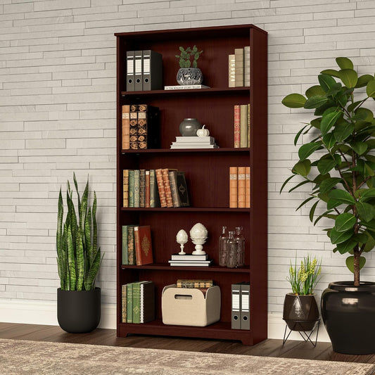 Bush Furniture Tall 5 Shelf Bookcase, Large Open Bookshelf, Sturdy Display Cabinet for Living Room or Home Office, Cabot Collection, Harvest Cherry-1