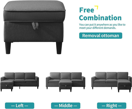 78" W 3 Piece Living Room Sofa Set, 3 Seater Sofa with Storage Ottoman and Loveseat Furniture Sets, Modern Linen L Shaped Sectional Couches for Living Room Apartment(Dark Grey)-1