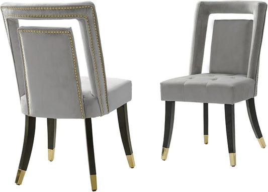 Elsie Dining Side Chair Velvet Upholstered Nailhead Trim Seat Espresso Finished Gold Tip Tapered Wood Legs Modern Transitional (Set of 2), Silver-1