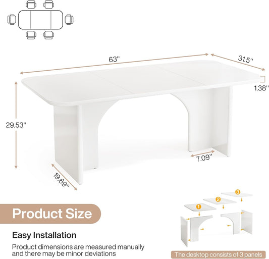 Modern Dining Table for 4-6 People, 62.99" Large Rectangle Kitchen Table with Arch Design Legs, Glossy White Dinner Table Kitchen & Dining Room Furniture-1