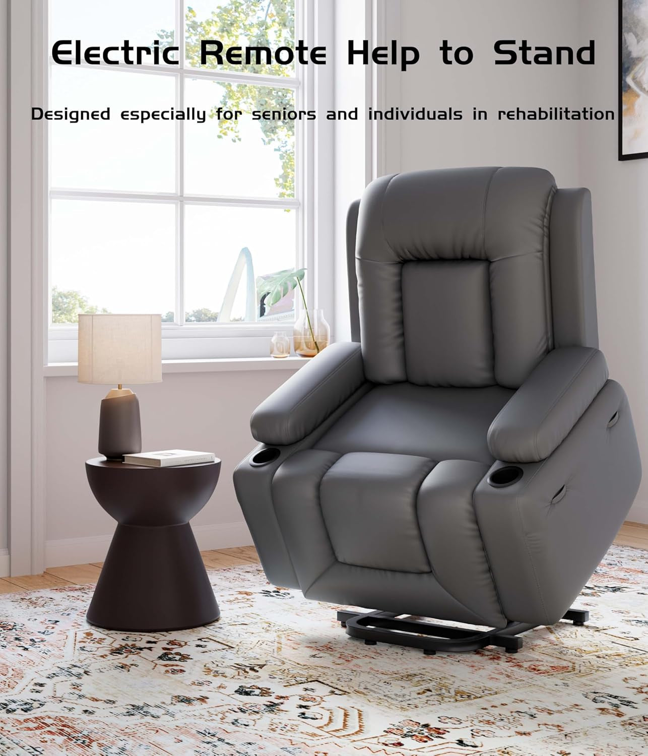 Power Lift Recliner Chair - Heat and Massage, Adjustable Back and Legs, PU Leather Electric Lift Chair Designed for the Elderly and People with Mobility Impaired-3