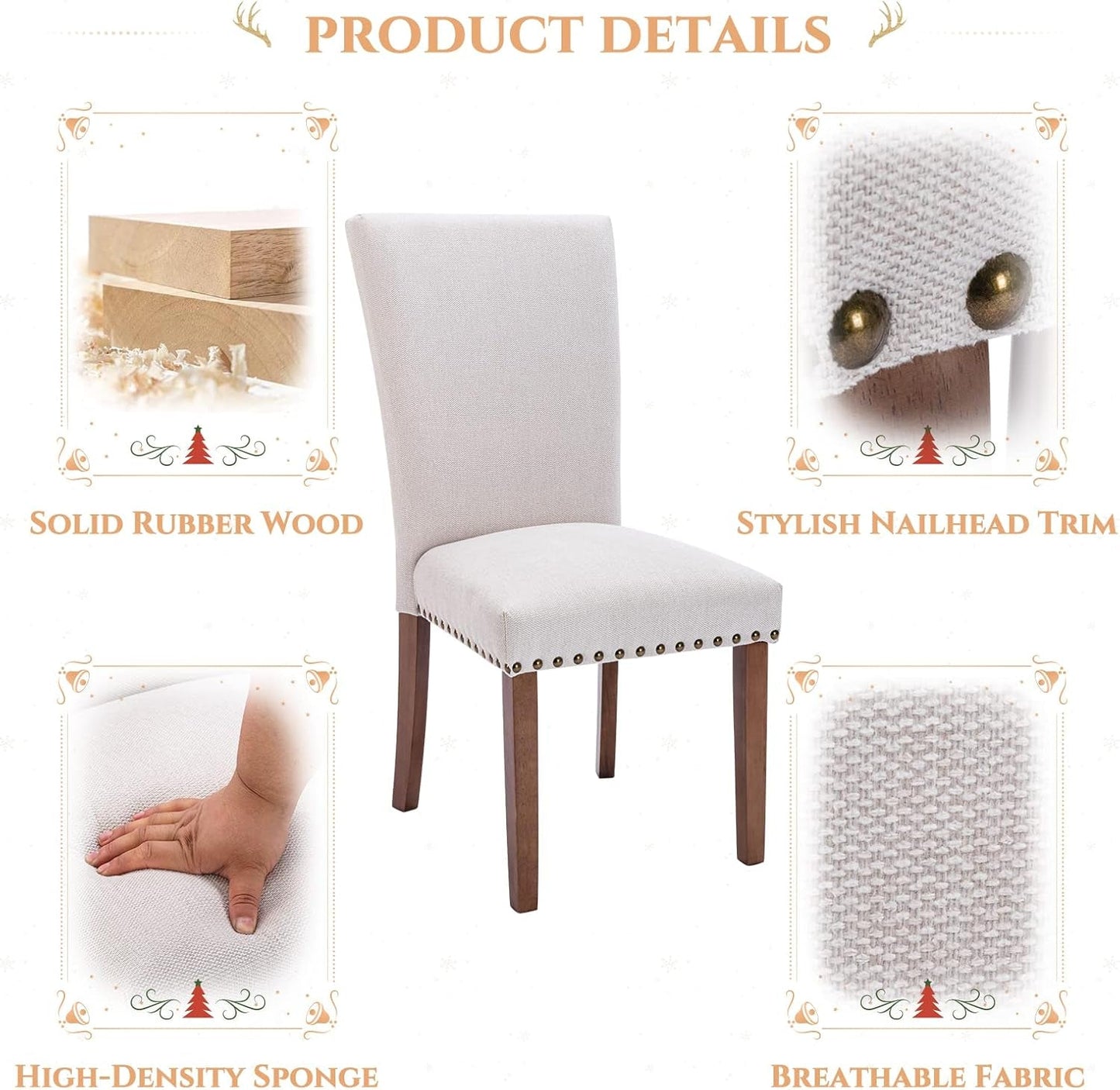 Parsons Dining Chairs Set of 4, Upholstered Nailhead Dining Room Kitchen Side Chair with Thick Cushions and Wood Legs, Beige-4