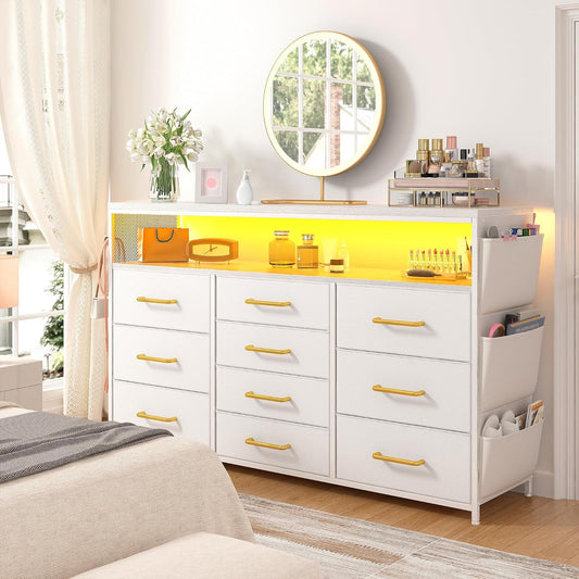 Dresser TV Stand with 10 Drawers for 55" TV Stand for Bedroom with LED Lights & Power Outlets Wide Dresser for Bedroom with Shelves & Side Pockets Sturdy Metal Frame & Wood Top, White-1