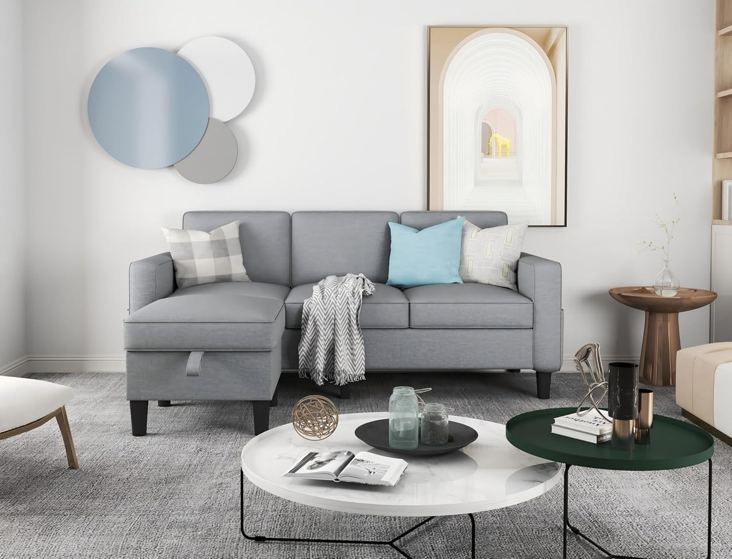 Sectional Sofa Couches for Living Room, Small Space Couch L-Shaped Sofa, 3 Seat Modern Sofas Convertible with Storage Ottoman for Small Space, Bedroom, Offices and Apartments, Light Grey-2
