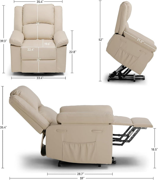 Power Lift Recliner for Elderly, Lift Chair with Heat and Massage,Pu Recliner Sofa with 2 Side Pockets and Infinite Position for Living Room, White-1