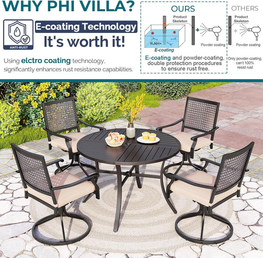 Outdoor Modern round Dining Table Set for 4 Dining Swivel Chairs Patio Furniture Set of 5, Metal Patio Circle Table with Umbrella Hole & Wrought Iron Dining Chairs with Cushion Backyard-1