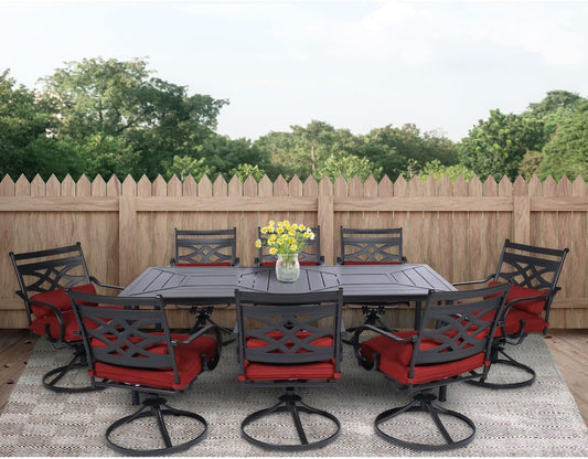Montclair 9-Piece Outdoor Dining Set, 8 Swivel Rocker Chairs with Comfortable Seat and Lumbar Cushions, 84"X42" Stamped Rectangle Table, All-Weather Patio Dining Set for 8 for Backyard, Patio-1