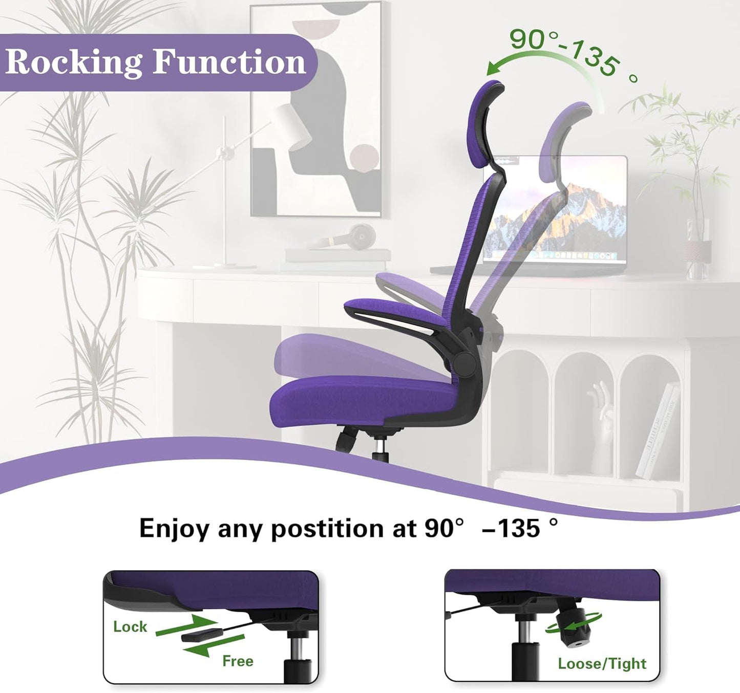 Ergonomic Mesh Office Chair, High Back Computer Desk Chair with Adjustable Lumbar Support & Headrest, Swivel Task Chair with Flip-Up Armrests for Home & Office (English, Purple)-2