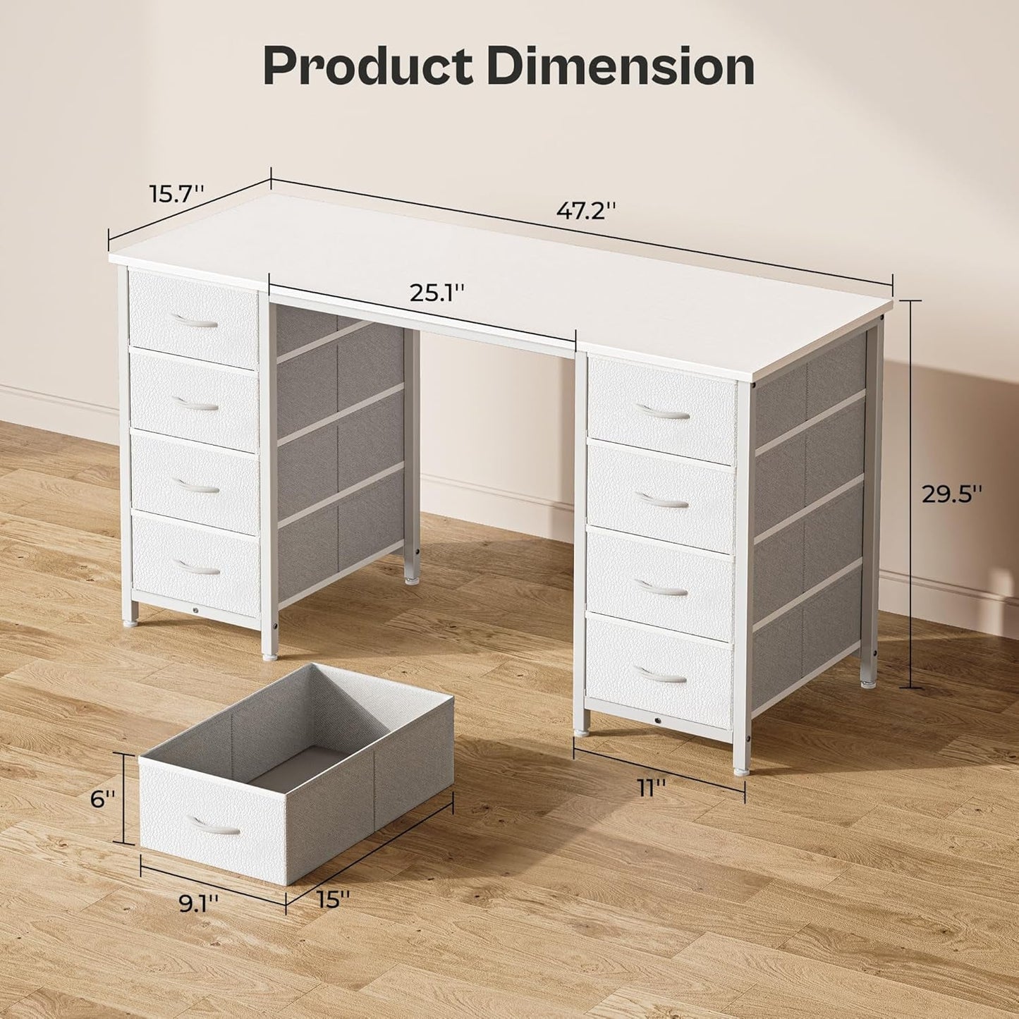 47 Inch Vanity Desk with 8 Drawers, White Desk, Makeup Desk with Large Storage, Fabric Drawers, Wooden Desktop, Computer Desk Work Desk, for Home Office, Bedroom-2