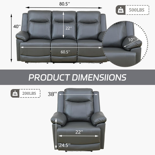 Leather Power Recliner Sofa Set with LED, Power Reclining Living Room Set, Leather Sofa Couch Set with USB Port/Cup Holder/Storage (Leather Sofa and Chair Set, Dark Grey)-1