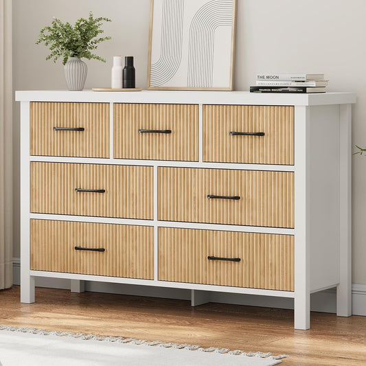 White 7 Drawer Fluted Dresser with Wood Legs-1