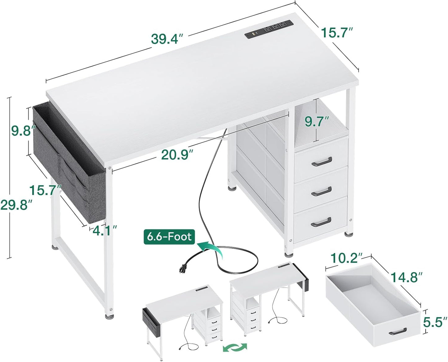 32-Inch Small Vanity Desk with Fabric Drawers and Charging Station, Kids Girls Teen Study Writing Desk for Bedroom, Home Office Computer Desk with Storage Shelf & Bag for Small Space, White-2