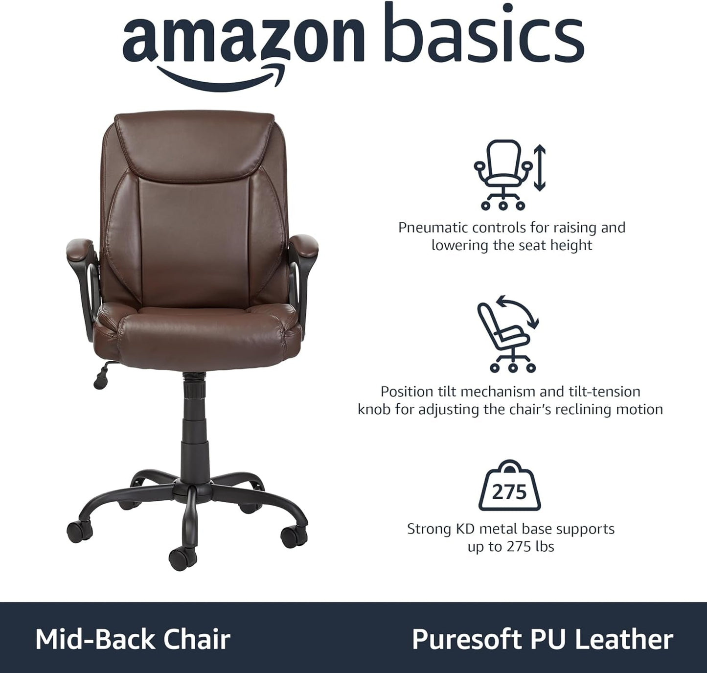 Amazonbasics Classic Puresoft Pu-Padded Mid-Back Office Computer Desk Chair with Armrest - Brown-3