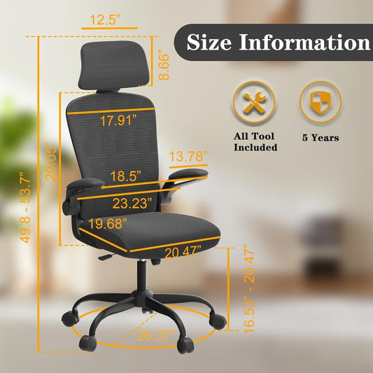 Ergonomic Mesh Home Office Chair | High Back Computer Desk Chair with Adjustable Lumbar Support & Headrest | Swivel Task Chair with Flip-Up Armrests for Home & Office (English, Dark Black)-1