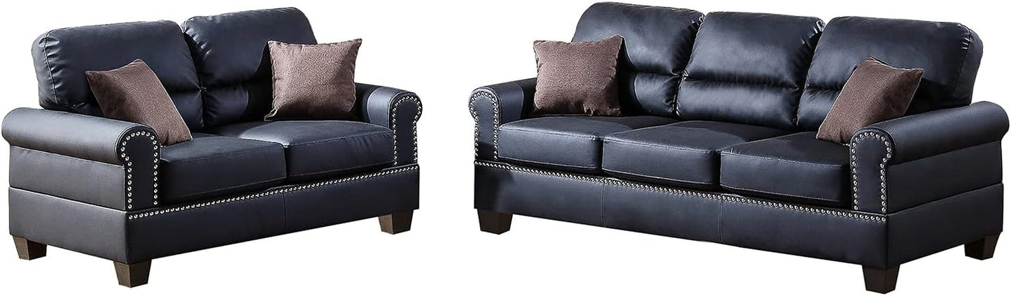 Bobkona Shelton Bonded Leather 2 Piece Sofa and Loveseat Set, Black-0
