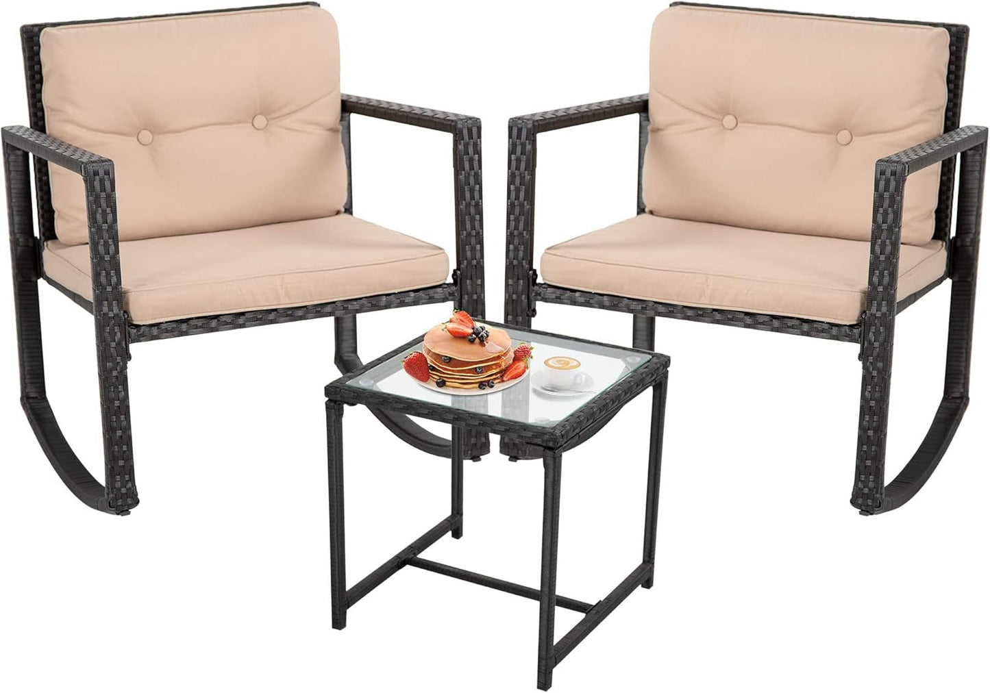 Wicker Patio Furniture Outdoor Bistro Set, Rocking Chair, 3 Piece, Rattan Conversation Set for Backyard Porch Poolside Lawn with Coffee Table,Black-0
