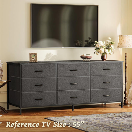 9 Drawer Dresser, 55 Inch Dresser TV Stand for 55, 60 Inch TV, Entertainment Center with Drawers, Large Storage Fabric Dresser for Bedroom, Closet, Black-1