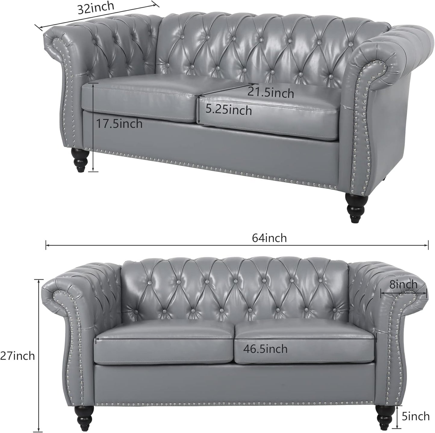 2 Piece Living Room Set, Chesterfield PU Leather Sofa Loveseat Couch Chair with Scroll Arms and Nailhead for Living Room, Office (PU Grey, 1-2)-1