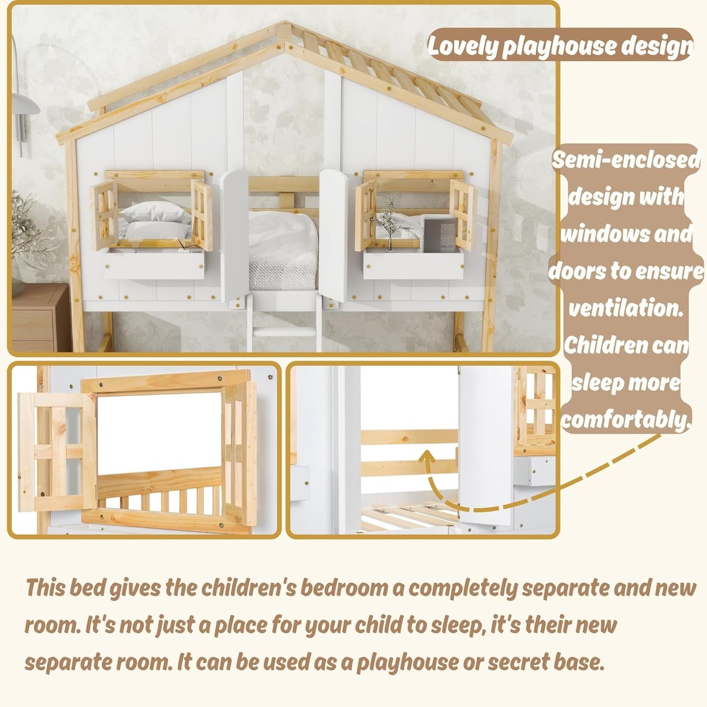 House Bunk Bed Twin over Twin for Kids, Wood Bunk Beds with Roof, Windows, Window Box and Small Door, Floor Bunk Beds with Ladder and Guard Rails for Girls Boys,Natural-3
