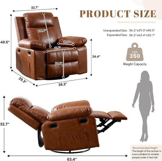 Recliner Chair with Massage and Heat, Modern Swivel Reclining Chair with Remote Control and Side Pocket, Adjustable Glider Rocker Recliner Chair for Living Room, Bedroom, Lounge, Brown-1