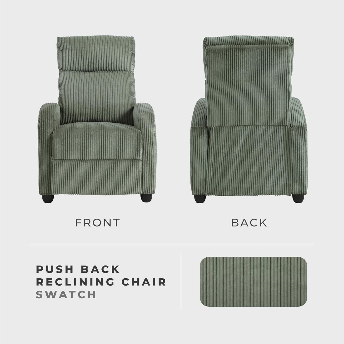 Pushback Recliner Chair Armchair Push Back Recliner, Corduroy Chair with Solid Wood Frame and Metal Seat Base, Single Sofa Accent Chair for Living Room/Office/Apartment, Green-4