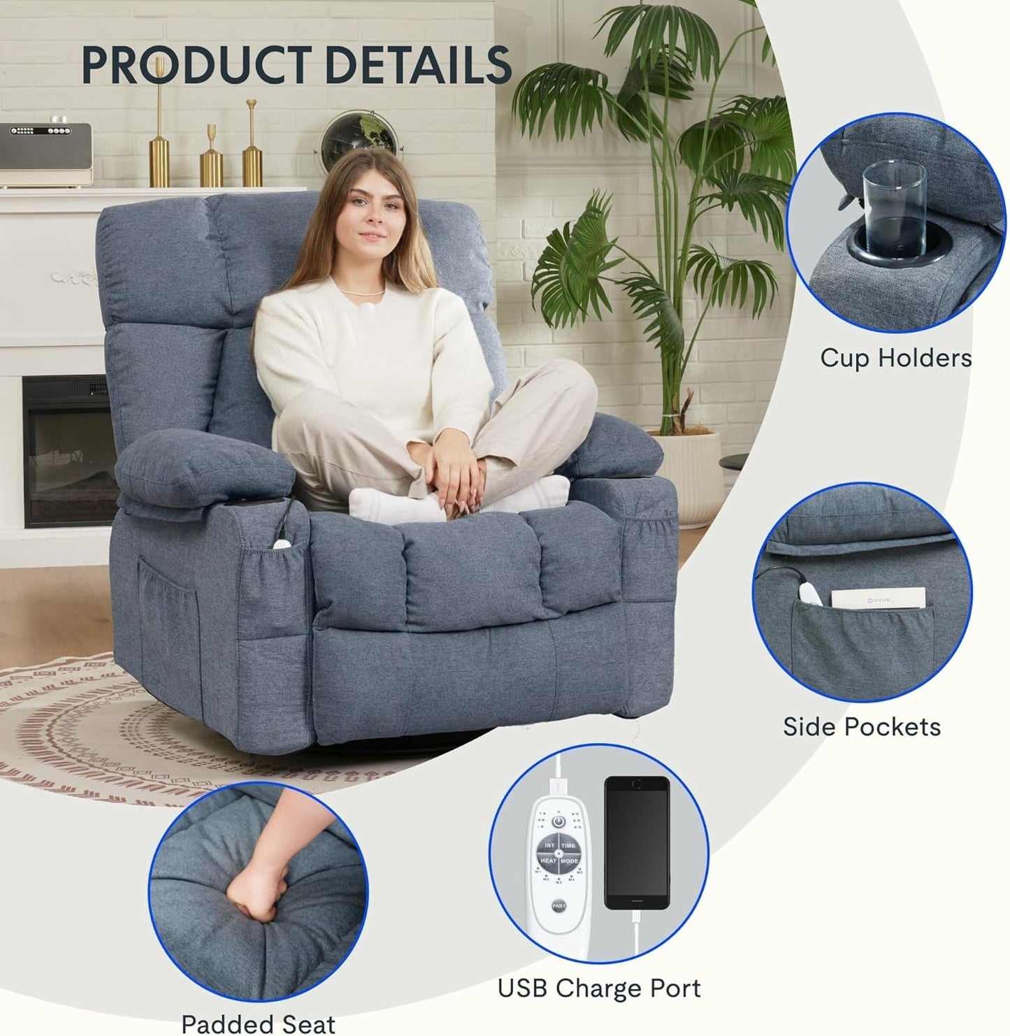 XRC3 Rocker Recliner Chair for Adults W/Massage & Heat, 360° Swivel Recliner Chair W/Cup Holders, USB Port, Manual Glider Rocking Chair for Living Room Nusery, Blue-4