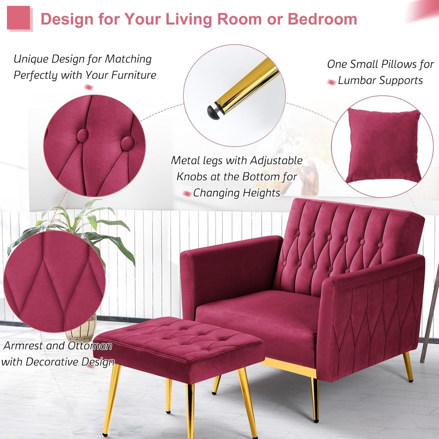 2 Pieces Velvet Futon Sofa Set with Adjustable Backrests and Armrests, 70” Convertible Sofa Bed & Tufted Accent Chair with Ottoman for Living Room, Fuchsia-2