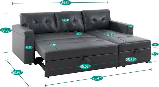 Jenny Sectional Sofa Sleeper with Storage Chaise, Tufted Pull Out Couch with Storage, Sectional Bed, L-Shaped Reversible Sleeper Sofa With, Dark Gray,Air Leather-1