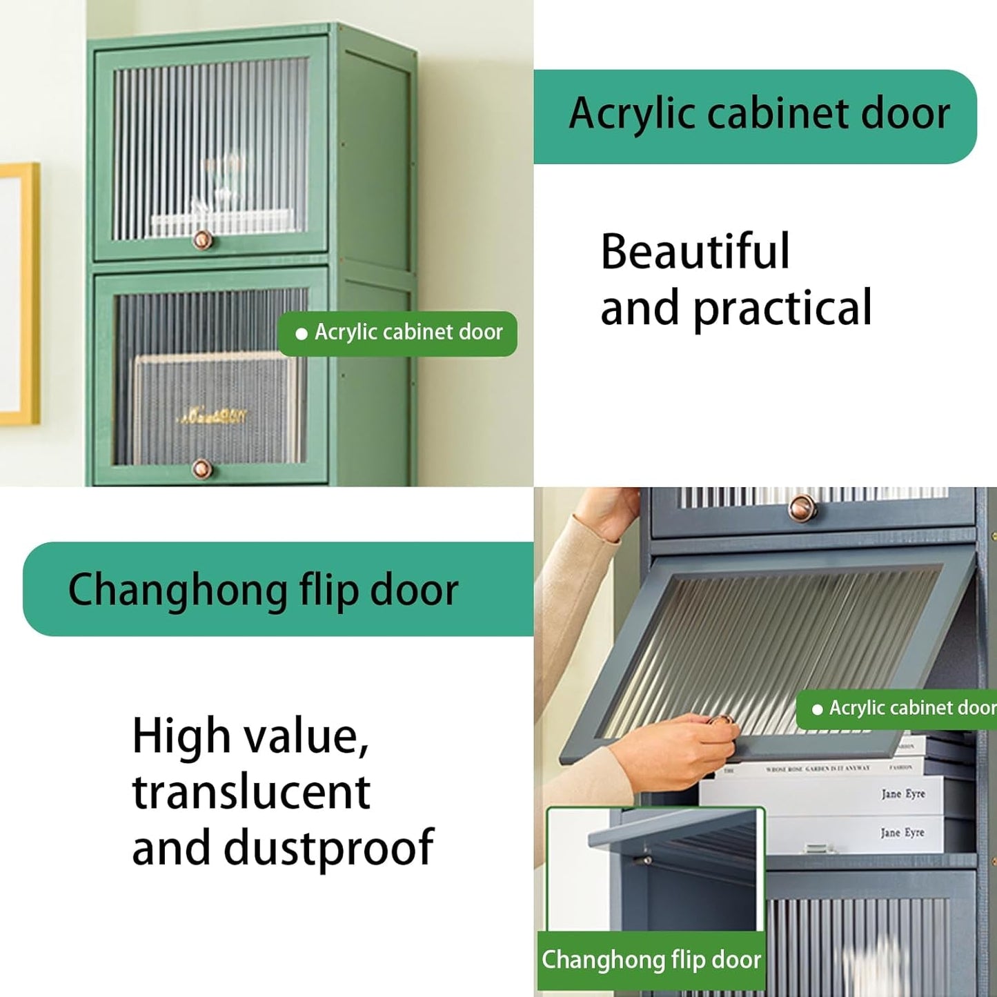 Bookcase with Clear Doors, 4-Tier Tall Bookshelf with Storage Cabinet, Bamboo Book Shelf and 4 Cube Organizer Book Case for Living Room, Freestanding Storage Cabinet (4-Tier Green)-2