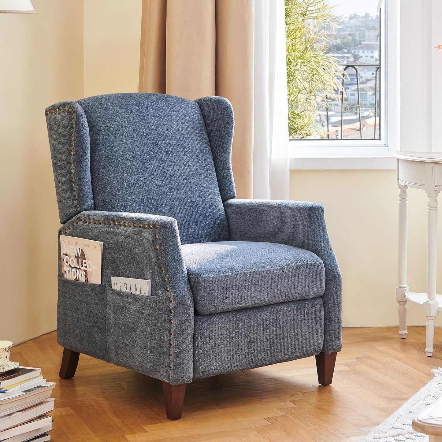 Wingback Pushback Recliner Chair with Storage Pocket, Upholstered Fabric Living Room Chair Armchair with Wood Legs and Nailhead Trim, Darkblue-0