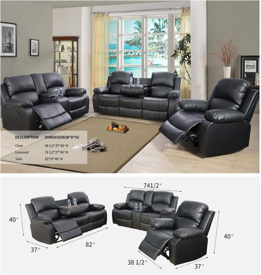 3 PCS Living Room Set, Faux Leather Recliner Sofa Set, Recliner Sofa Couch, Loveseat and Chair (Black)-1