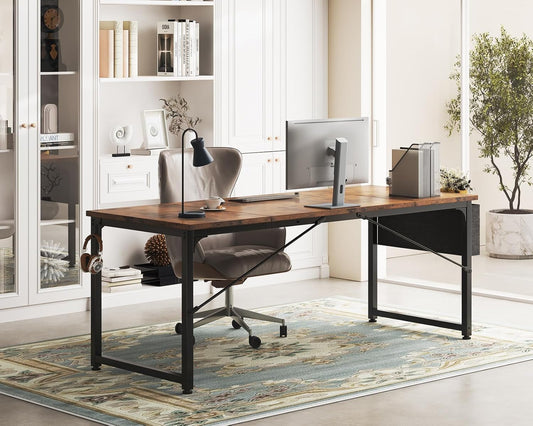 Computer Desk Large Office Desk, 63 Inch Gaming Desk with Storage, Modern PC Desk Work Table with Headphone Hook for Home Office, Splice Board, Rustic Brown-1