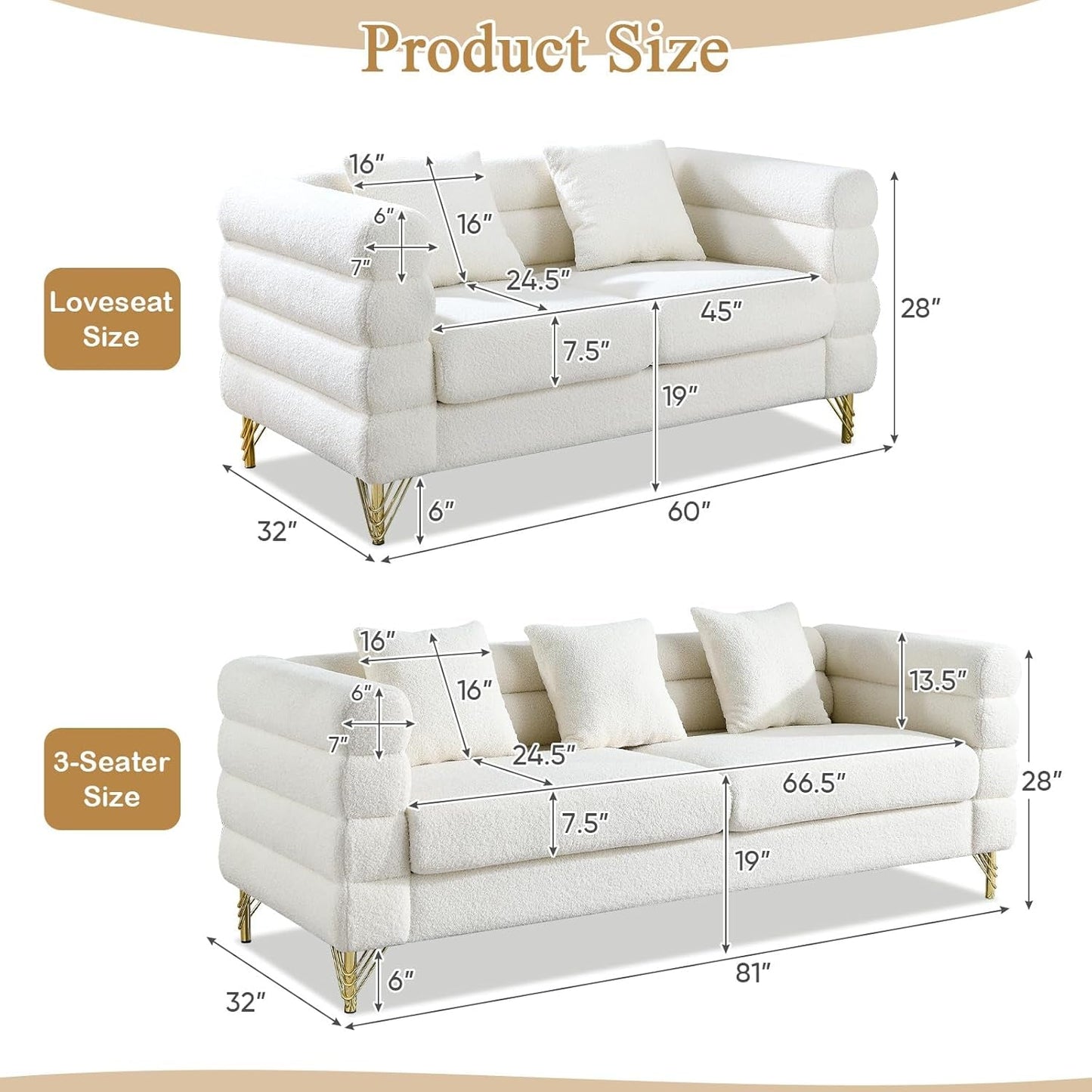 2 Piece Living Room Sofa Set, Comfy Boucle Couch with Loveseat and 3 Seater, Upholstered Sofa Couch with 2 Pillows and Deep Seat Design for Office, Waiting Room, White Teddy-1