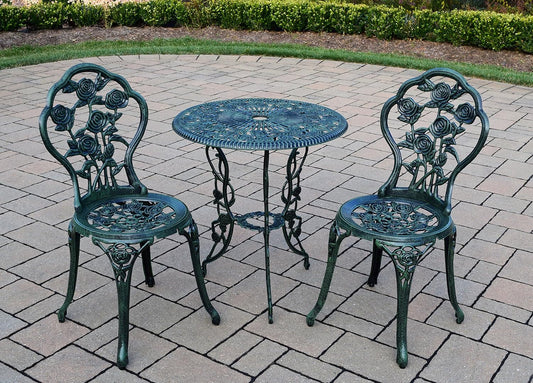 Cast Aluminum Conversation Set Metal Antique Green 3 Piece Patio Rose Bistro Set-1