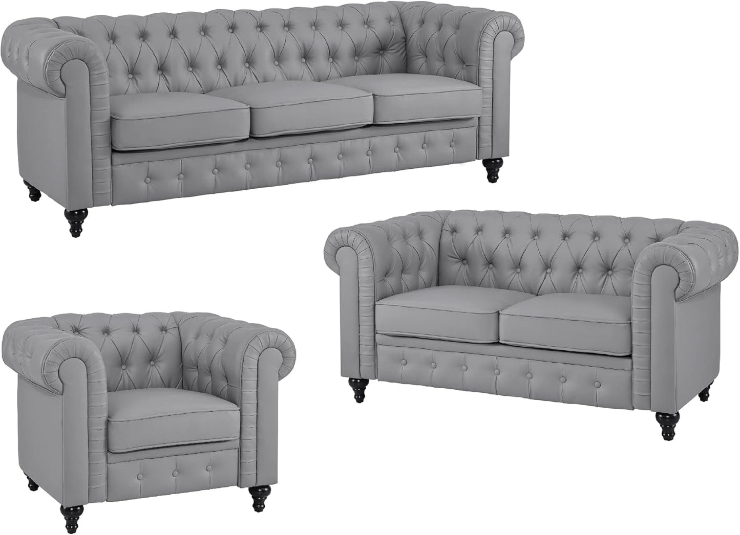 Emery Chesterfield 3 Piece Living Room Sectional Sofa Set with Rolled Arms, Tufted Cushion Sofas for Living Room Set Includes Sofa, Loveseat Couch, Accent Arm Chair / Easy Tool-Free Assembly – Gray-4