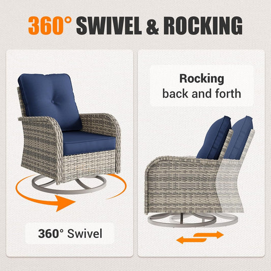 Patio Rocking Swivel Chair Outdoor Wicker Rattan Bistro Set with Tempered Glass Side Table, Outdoor Patio Furniture Set for Garden, Deck, and Balcony, Blue-1