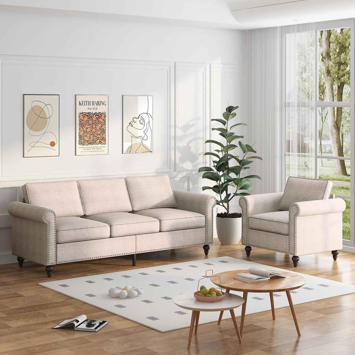 2 Piece Living Room Sofá Set, 3 Seat Sofa and Armchair with Solid Wood Frame and 4 Gourd Shapes Legs for Home/Bedroom/Apartment(Beige)-0