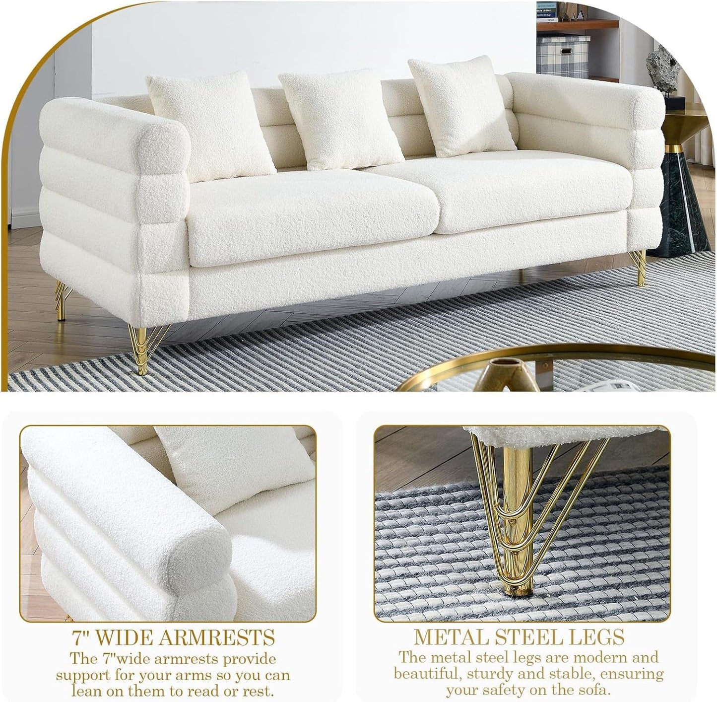 Sofa, 2 Pieces Sofa Set,Oversize 2/3 Seater Extra Deep Seat Sofa,Modern Upholstered Futon White Sofa Couch, Comfy Bouclé Cloud Sofa,Furniture for Living Room,Bedroom,Office,Apartment(White)-4