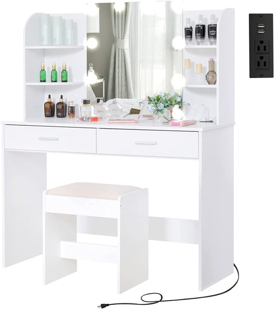Large Vanity Set with Lighted Mirror, Charging Station (White)-1