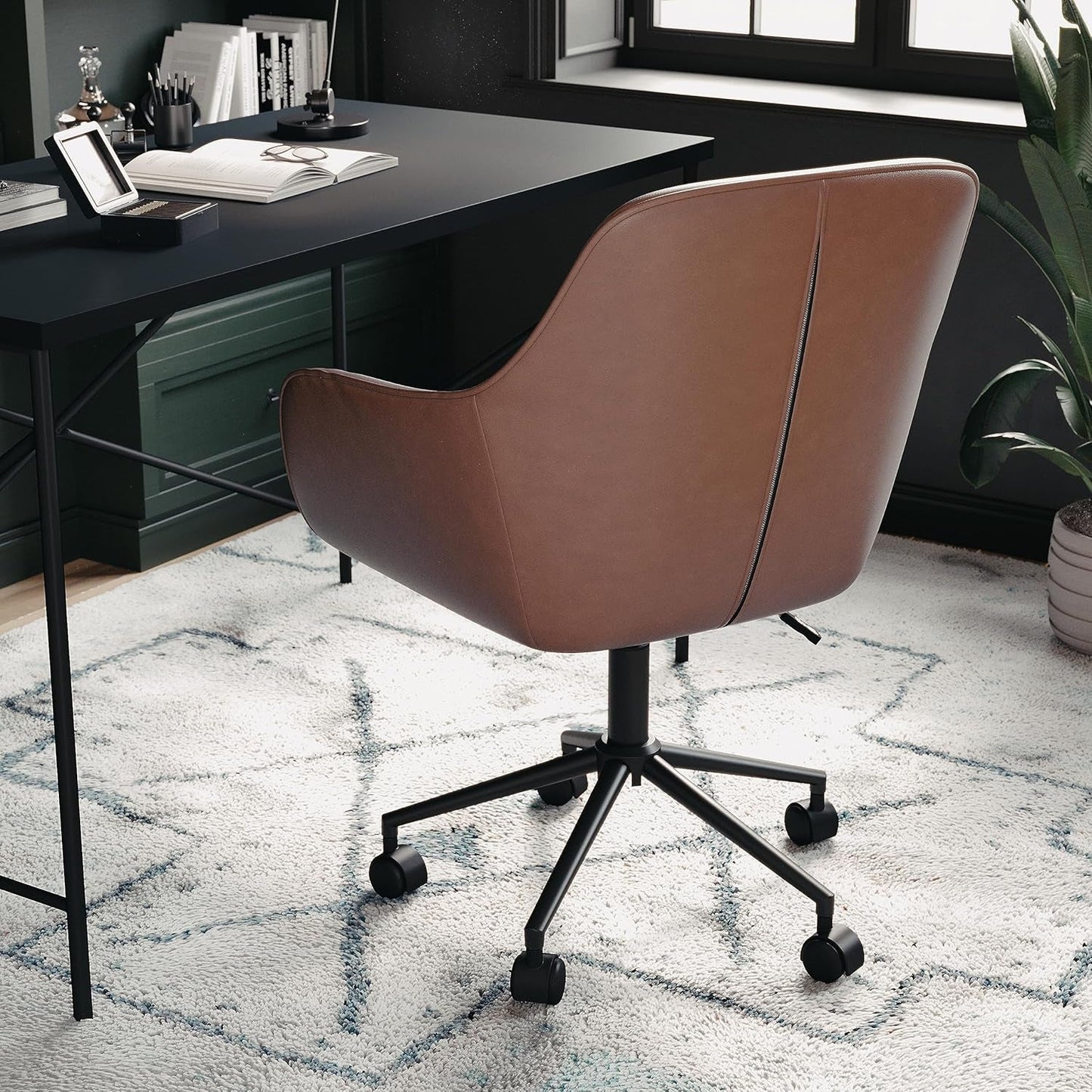 Rayna Swivel Task Chair with Flared Arms for Home Office in Saddle Brown Faux Leather with Oil Rubbed Bronze Frame-4